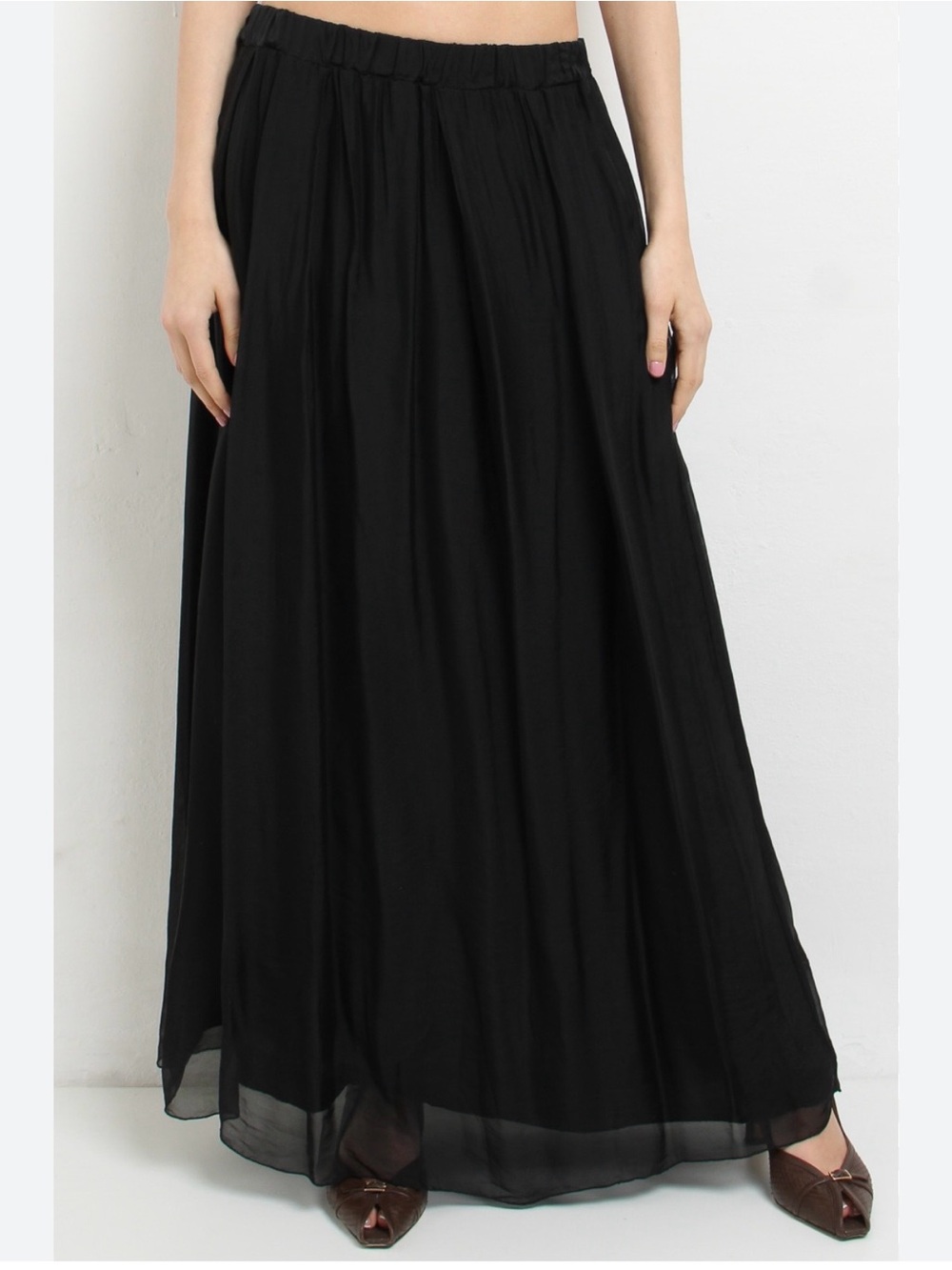 Black Pleated Chiffon Maxi Skirt with Elastic Waist